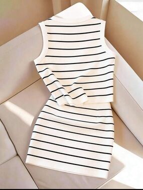 SHEIN White & Black Horizontal Stripe Crop Tank and Skirt Set